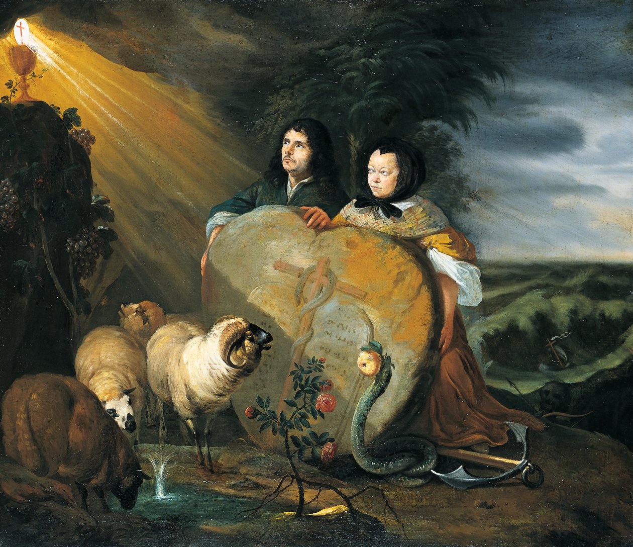 Autorretrato (?) com a esposa e símbolos da fé cristã de Johann Heinrich Roos