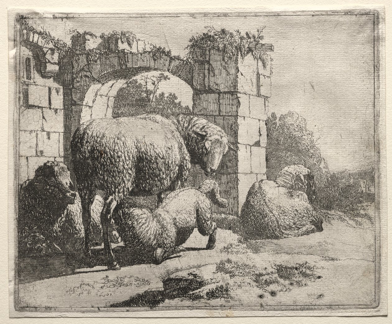 Ovelhas perto das ruínas de um arco de Johann Heinrich Roos