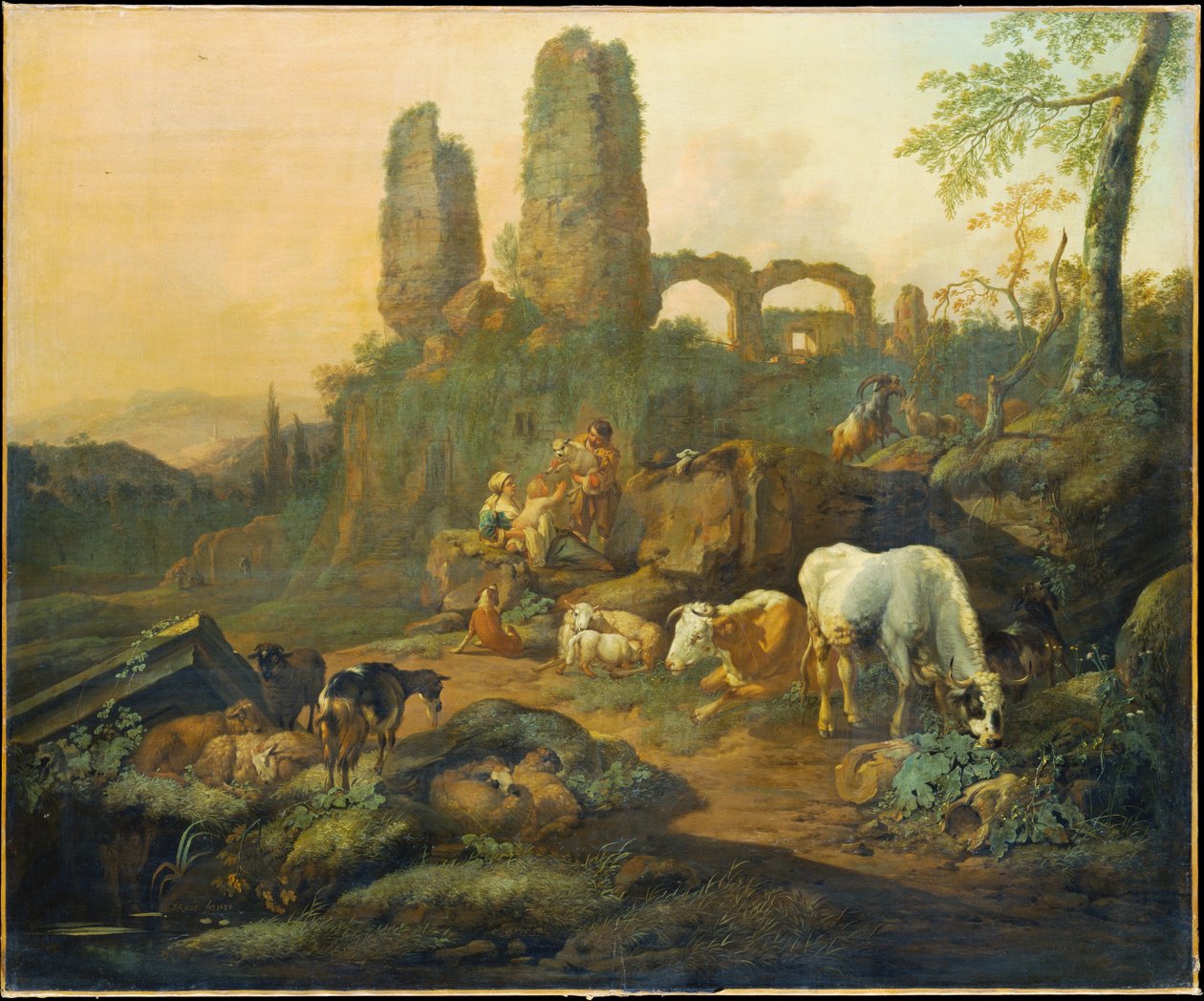 Família de pastores descansando perto de uma ruína antiga de Johann Heinrich Roos