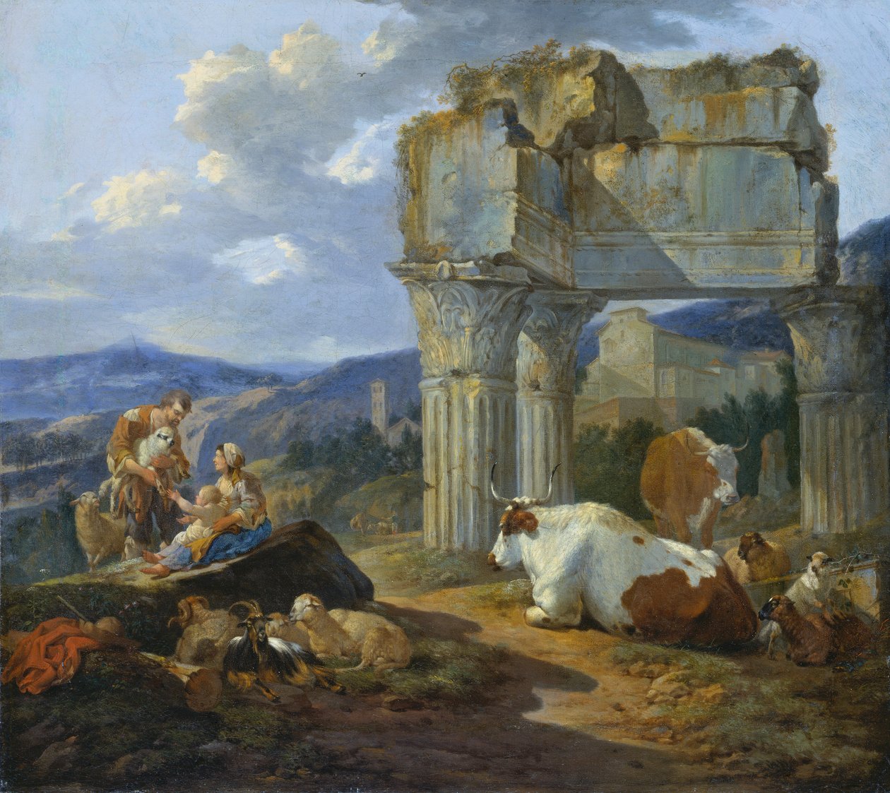 Família de pastores junto às ruínas do templo de Vespasiano de Johann Heinrich Roos
