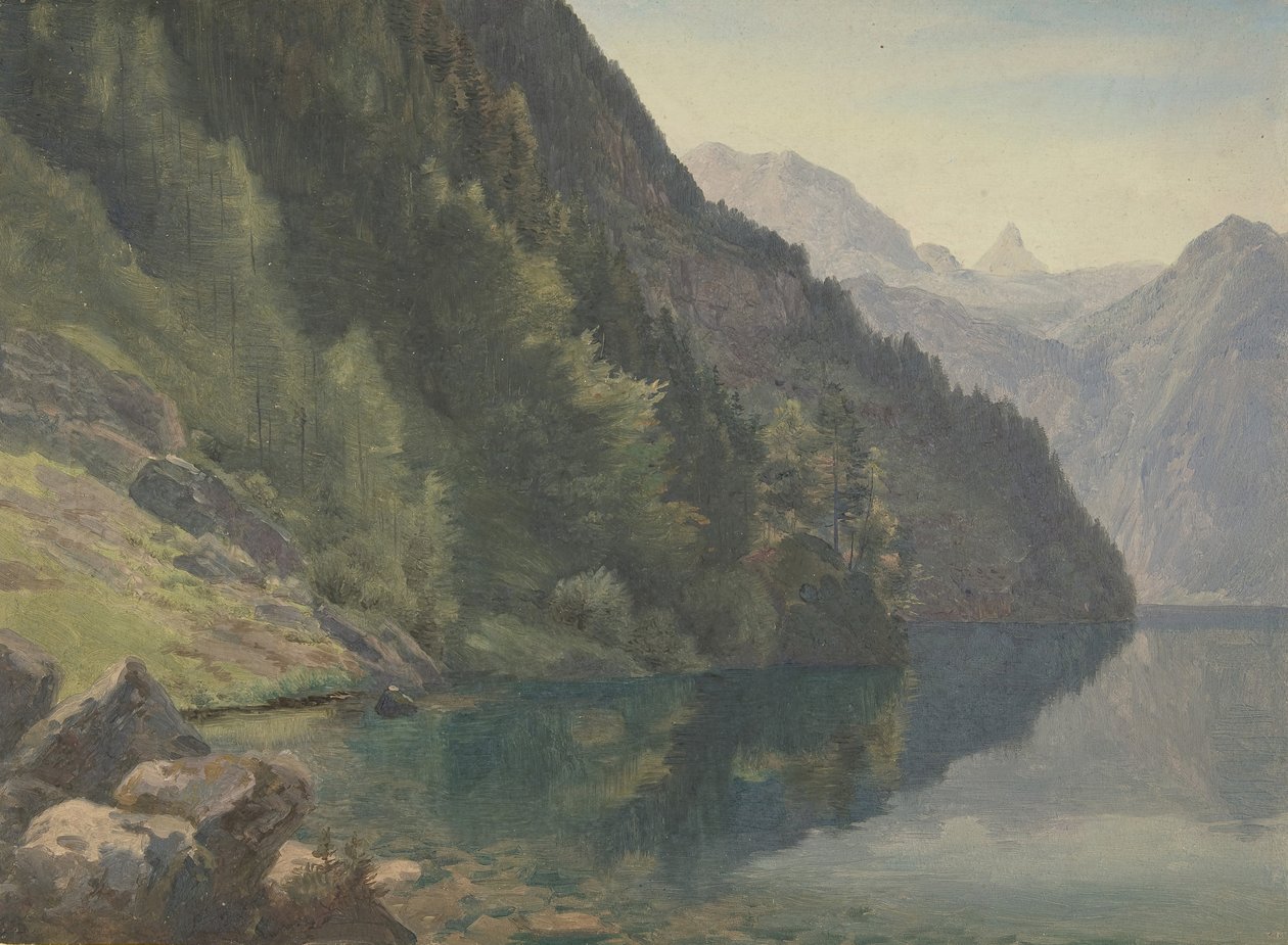 Costa arborizada no King Lake Königsee, primeira metade do século XIX. de Johann Heinrich Schilbach