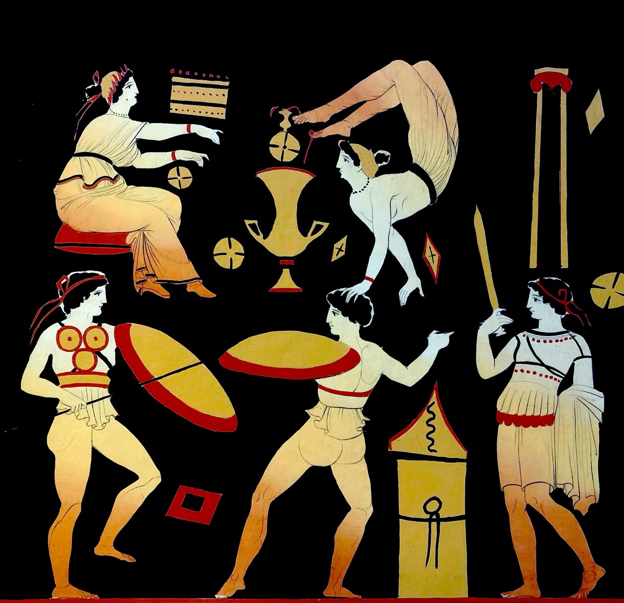 Acrobatas e três homens realizando a dança de guerra Pyrrhichios ou Pyrrhike c.1796 (Gravura em Placa de Cobre) de Johann Heinrich Wilhelm Tischbein