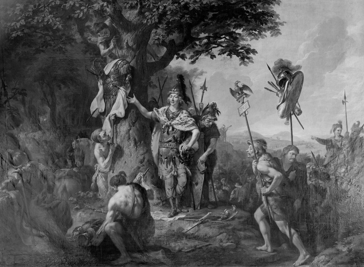 Hermann comemorando a vitória após a batalha na floresta de Teutoburg de Johann Heinrich Wilhelm Tischbein