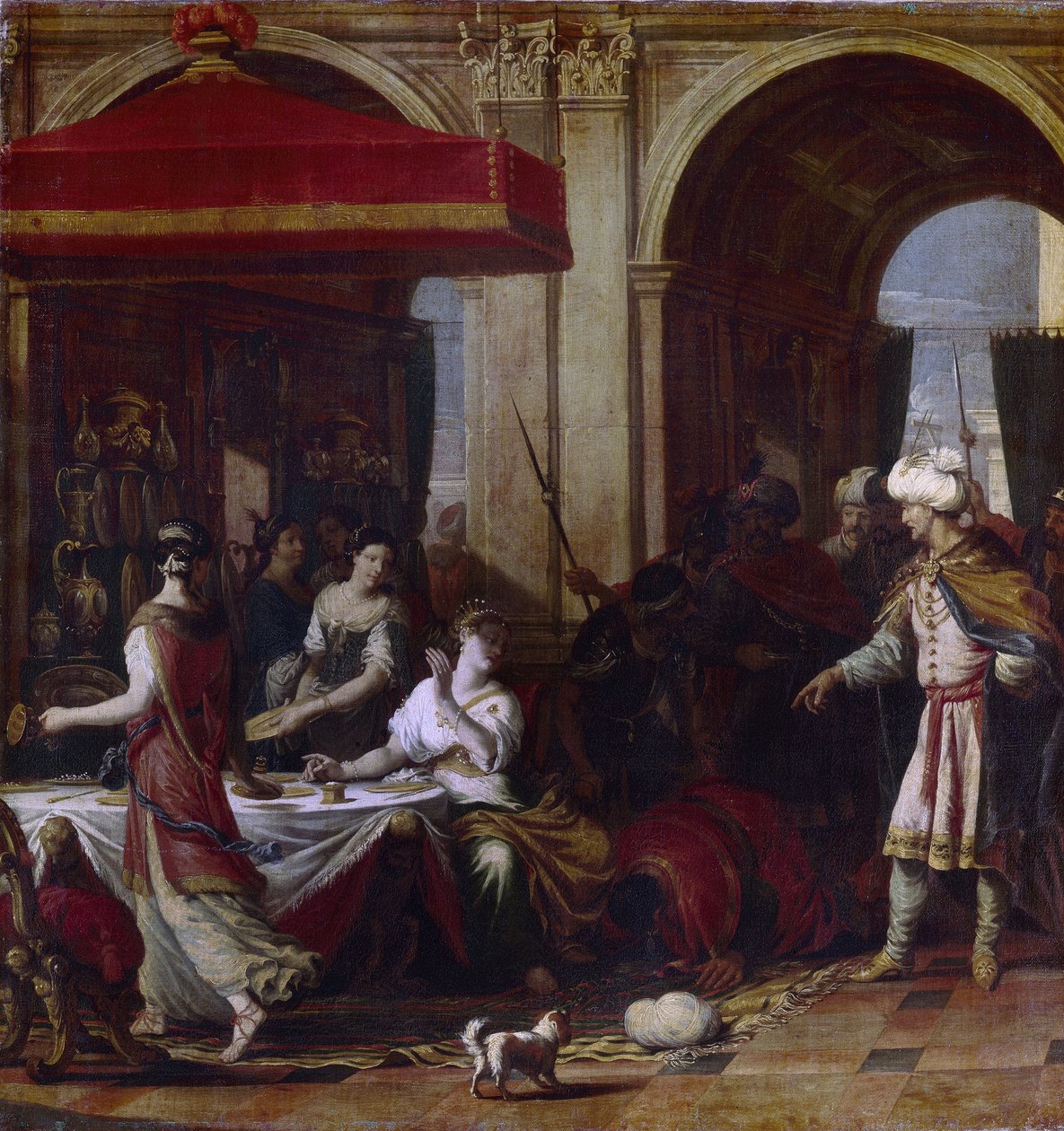 A Festa de Esther. Esther (Hadassah bat Avihail) esposa de Assuerus, rei da Pérsia (Xerxes I, 519-465 AC), após o decreto de extermínio dos judeus do reino pelo vizir Haman, ela convida os dois homens para um banquete onde ela de Johann Heiss