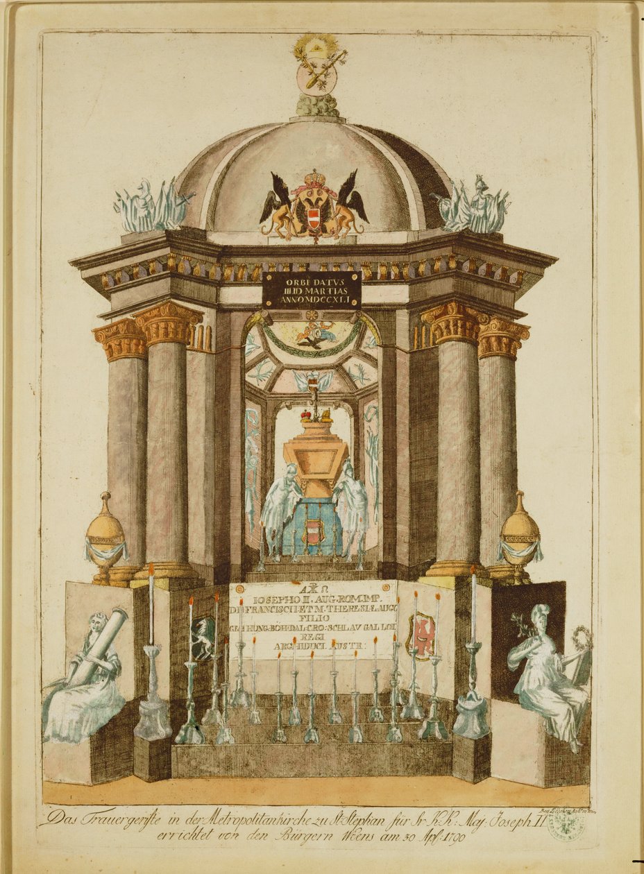 Monumento funerário (Castrum Doloris) erigido pelos cidadãos de Viena para a missa de réquiem do Imperador (gravura) de Johann Hieronymus Loeschenkohl