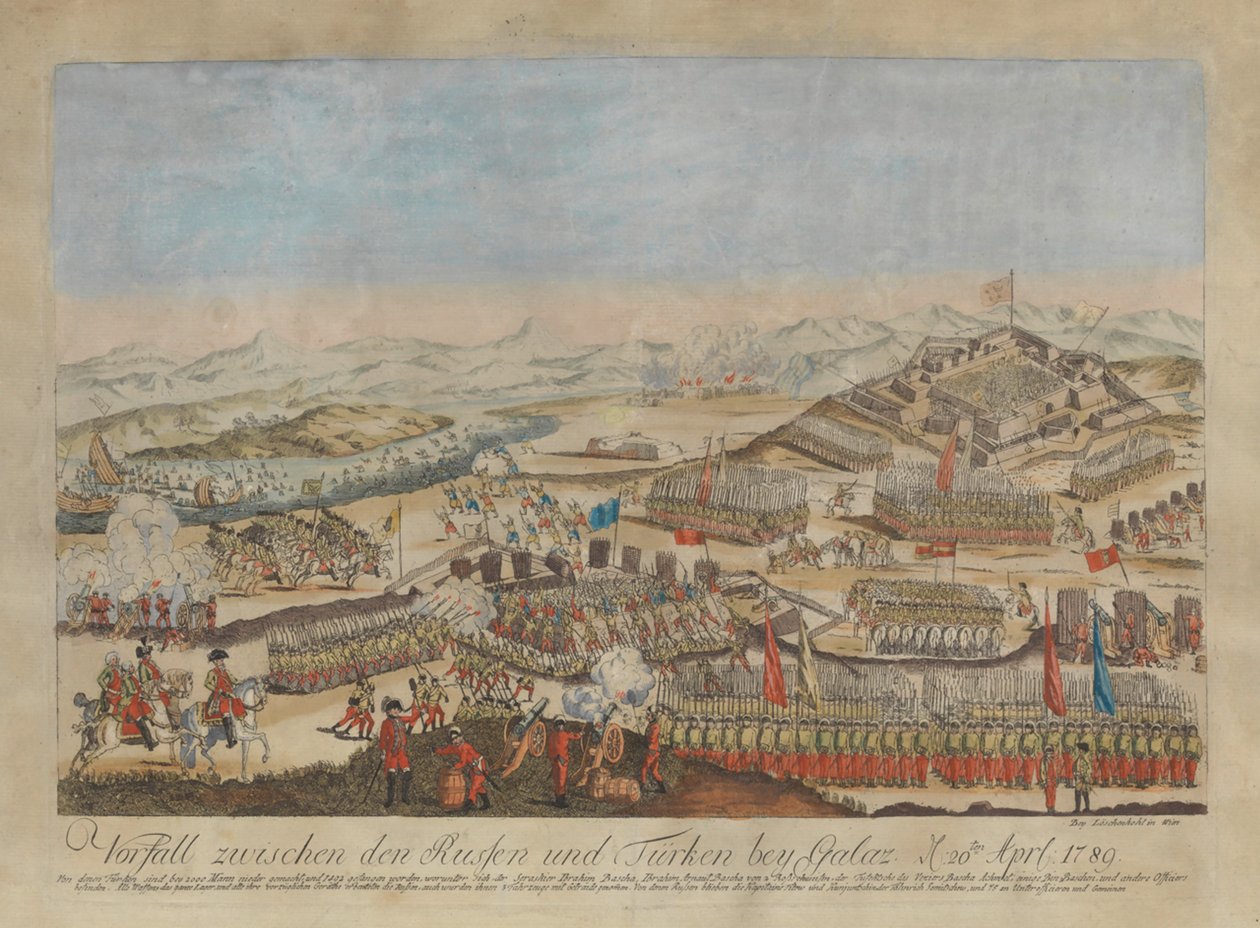 Incidente entre os exércitos russo e otomano em Galati em 20 de abril de 1789, 1789. de Johann Hieronymus Loeschenkohl