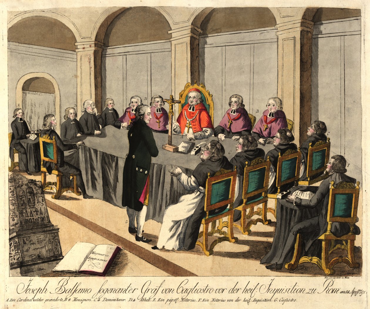 Joseph Balsamo, conde de Cagliostro, perante a Inquisição em Roma em 14 de abril de 1791, 1791. de Johann Hieronymus Loeschenkohl