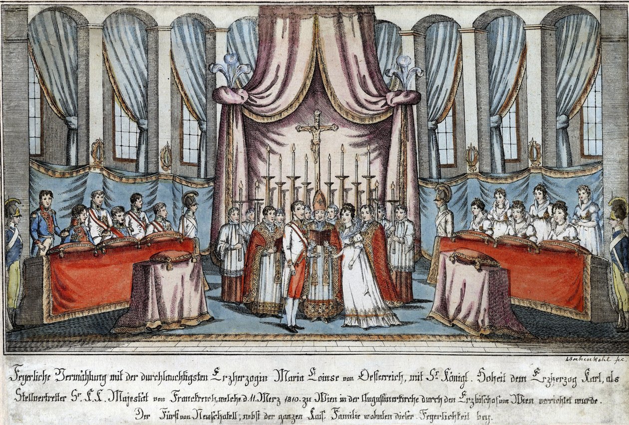 Marie-Louise casou com Napoleão por procuração em Viena, com o Arquiduque Charles em representação de Napoleão - Loeschenkohl, Johann Hieronymus (1753-1807) - 1810 - Gravura, aguarela - 33,4x44,5 - Coleção Privada de Johann Hieronymus Loeschenkohl