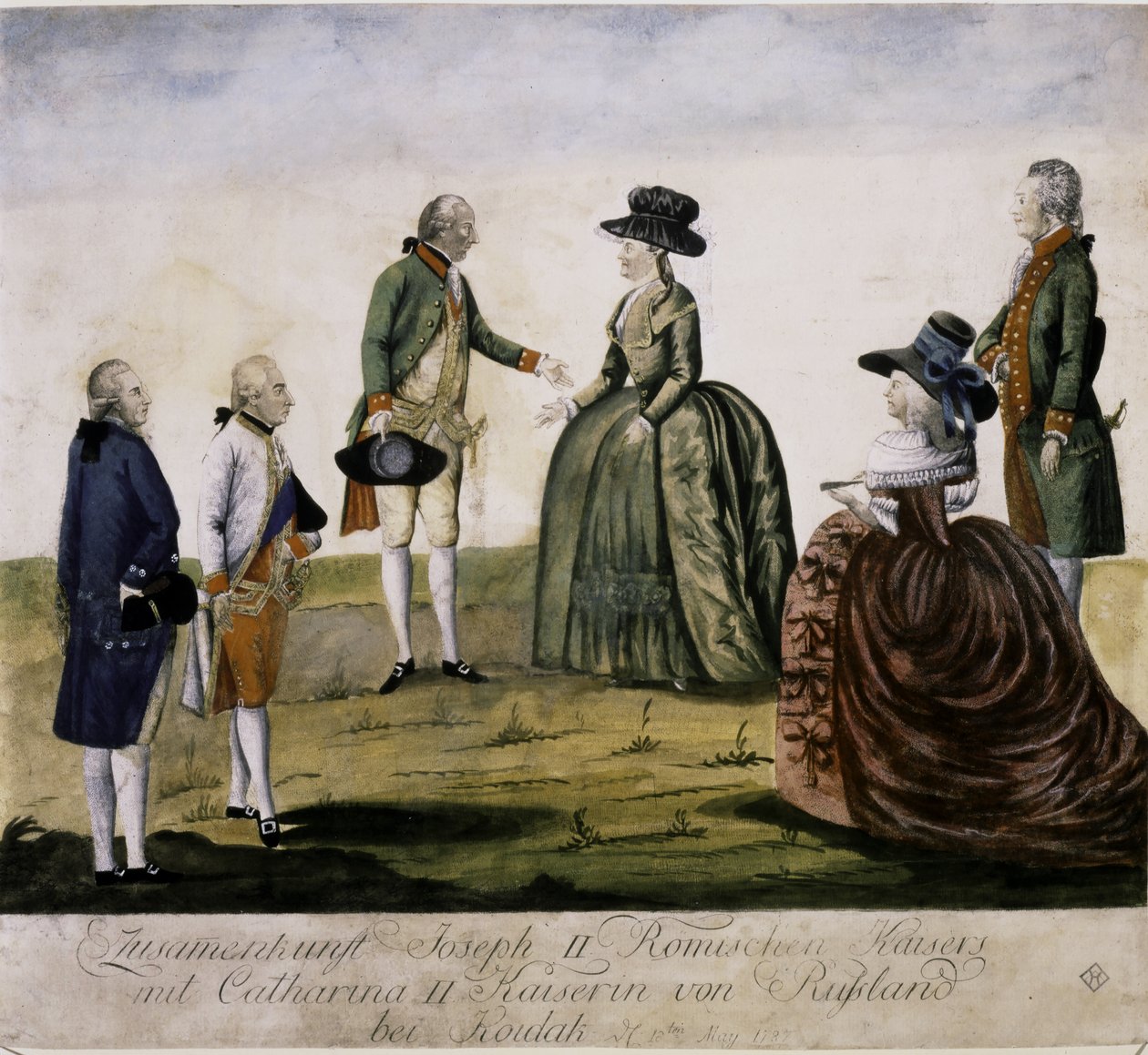 Encontro de Catarina II e José II no rio Dnieper, em Ma... (gravura a cores) de Johann Hieronymus Loeschenkohl