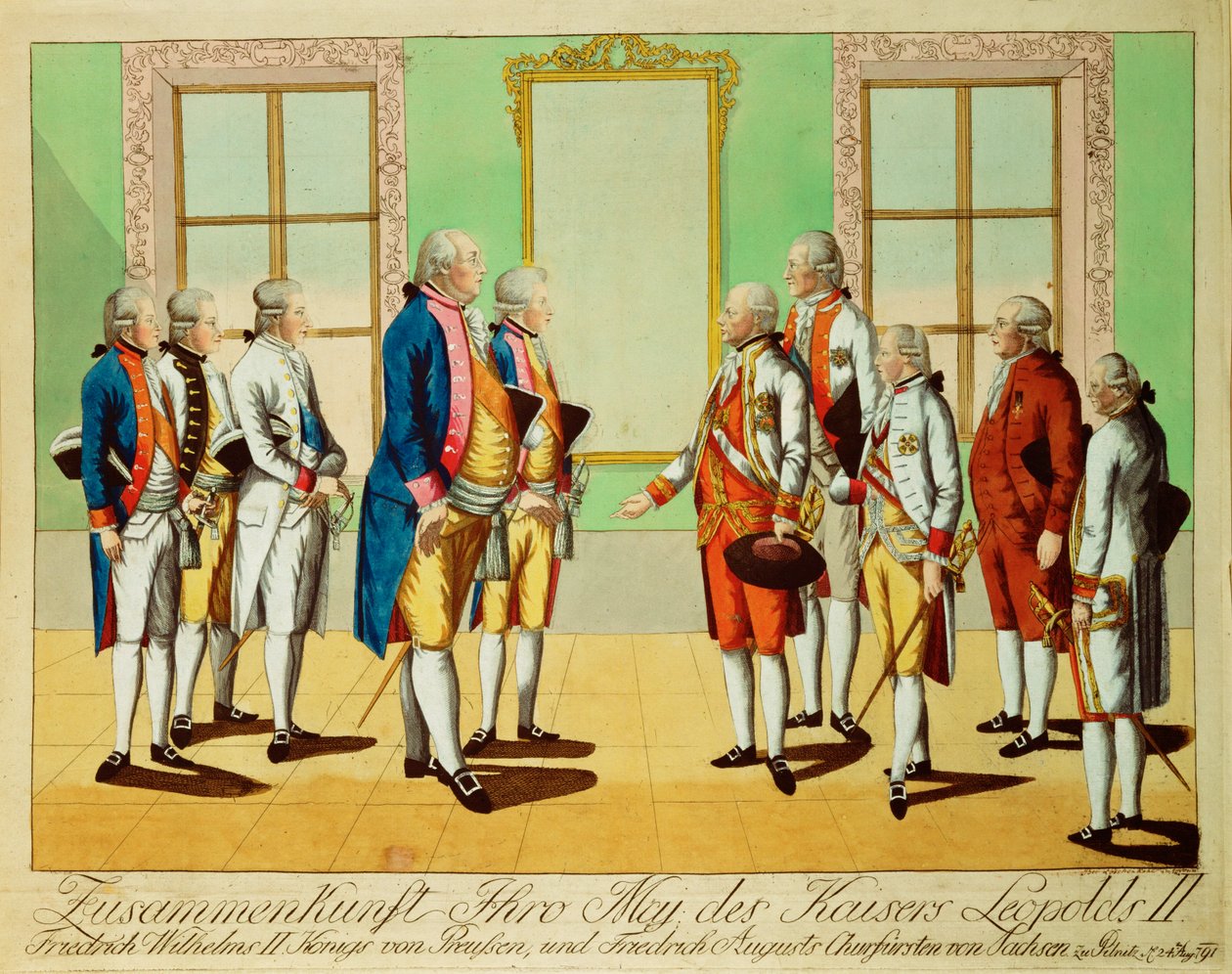 Encontro do Imperador Leopoldo II com o Rei Friedrich-Wilhelm III da Prússia e o Eleitor Friedrich August da Saxónia no Castelo Pilnitz ... (gravura) de Johann Hieronymus Loeschenkohl