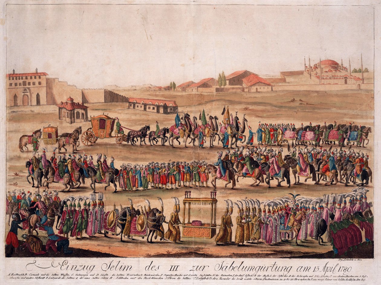 A Entrada do Sultão Selim III (1761-1808) no Sábado em 13 de Abril de 1789 - Loeschenkohl, Johann Hieronymus (1753-1807) - 1789 - Gravura, aguarela - 38,6x50,2 - Colecção Privada de Johann Hieronymus Loeschenkohl