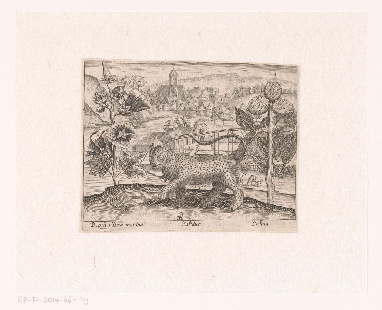 Série de gravuras com flores e animais em uma paisagem Paisagem com malva, leopardo e árvore de ameixa Paisagens com animais, plantas e flores (título da série) de Johann Hogenberg