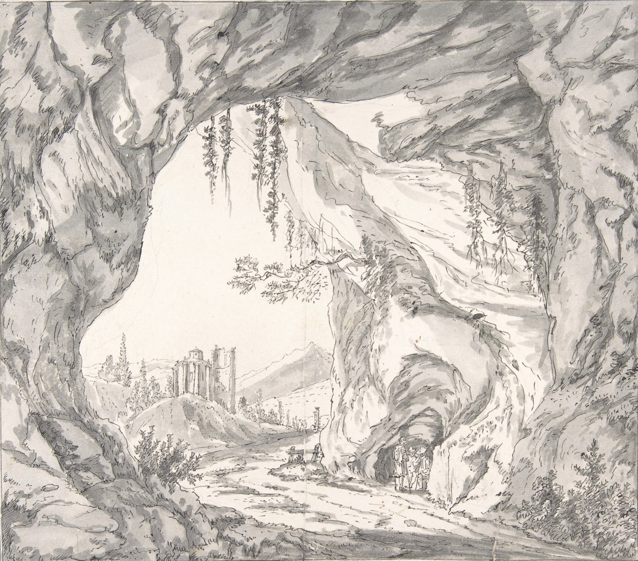 Paisagem montanhosa com ruínas de um castelo e três homens numa gruta..., finais do século XVIII-início do século XIX. de Johann Huber