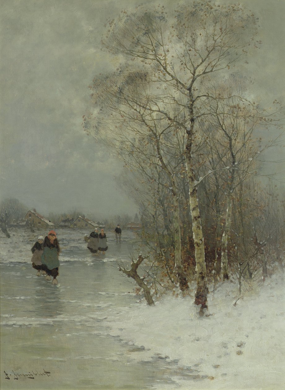 Meninas andando em um rio congelado de Johann II Jungblut
