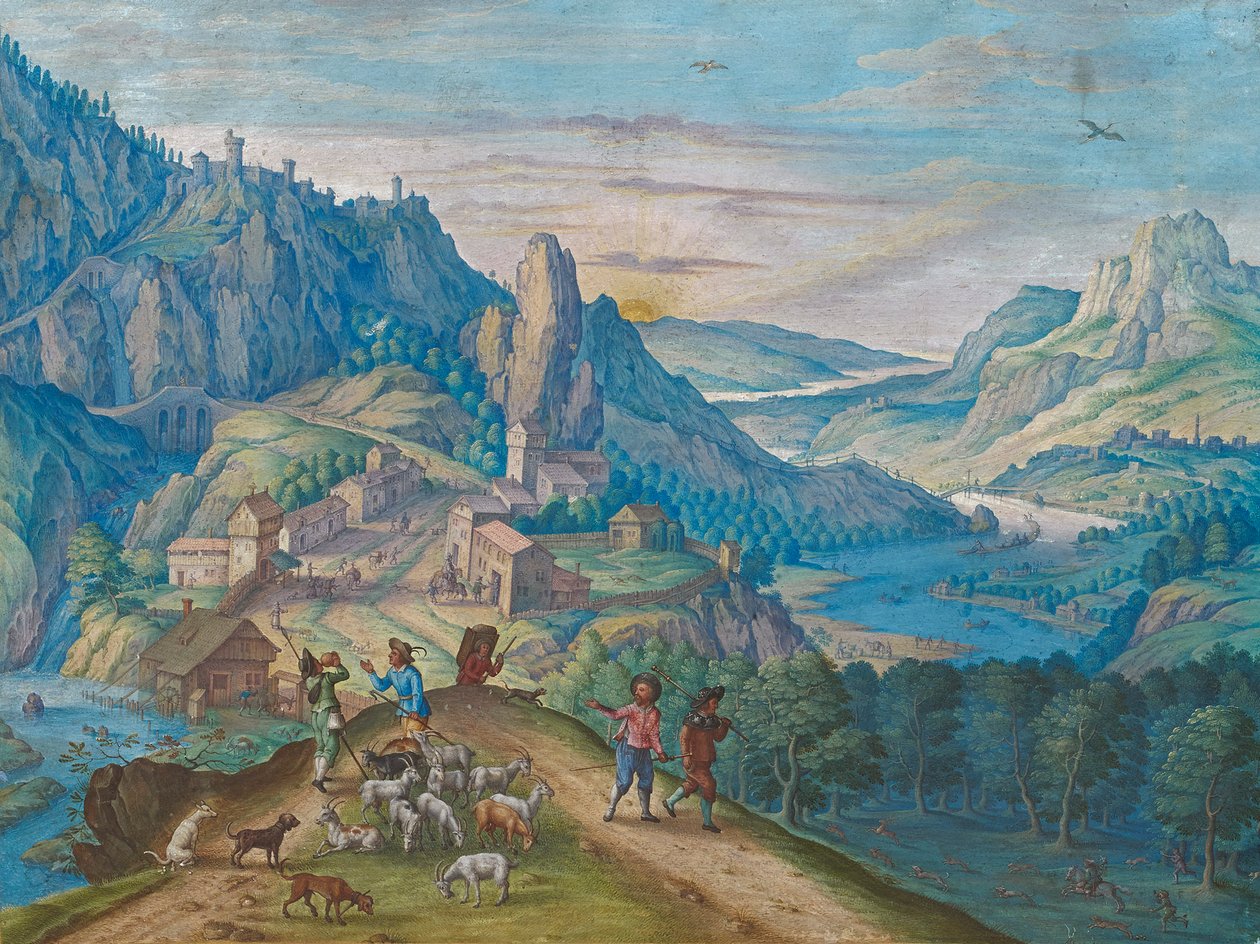 Paisagem de montanha ao cair da noite com o vale do rio e figuras, 1640. de Johann Jacob Besserer