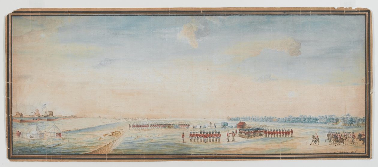 Infantaria britânica, infantaria nativa e perfuração de cavalaria nativa fora do Forte St George, Madras de Johann Jacob Ludewig Rothmeyer