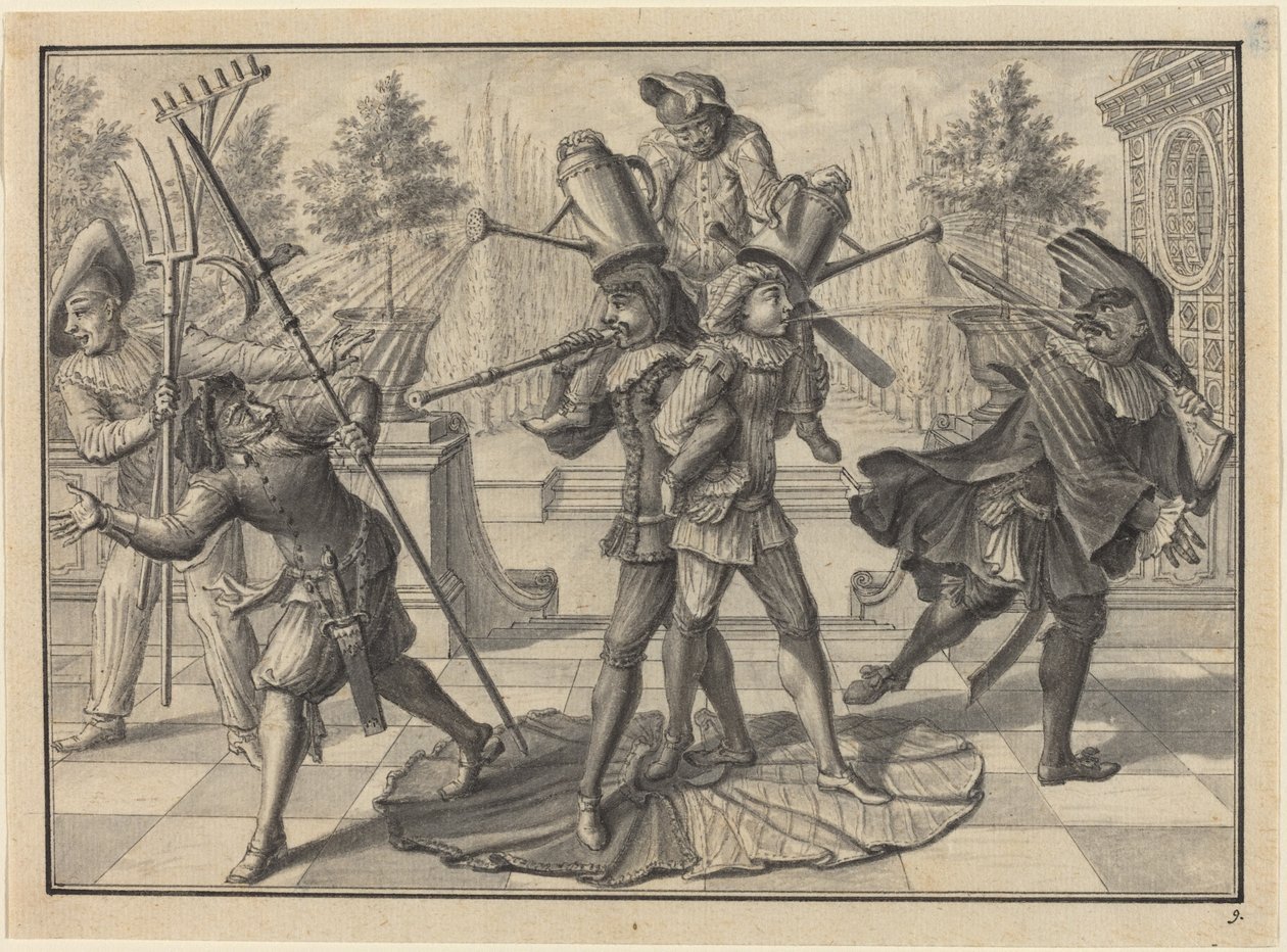 Arlequim e Scaramouche criam uma "fonte" de Johann Jacob Schubler