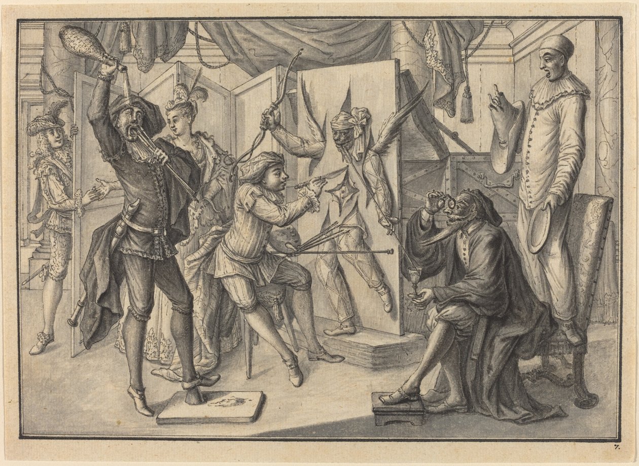 Mezzetin "pinta" um retrato de Cupido cortando a tela para revelar o Arlequim de Johann Jacob Schubler
