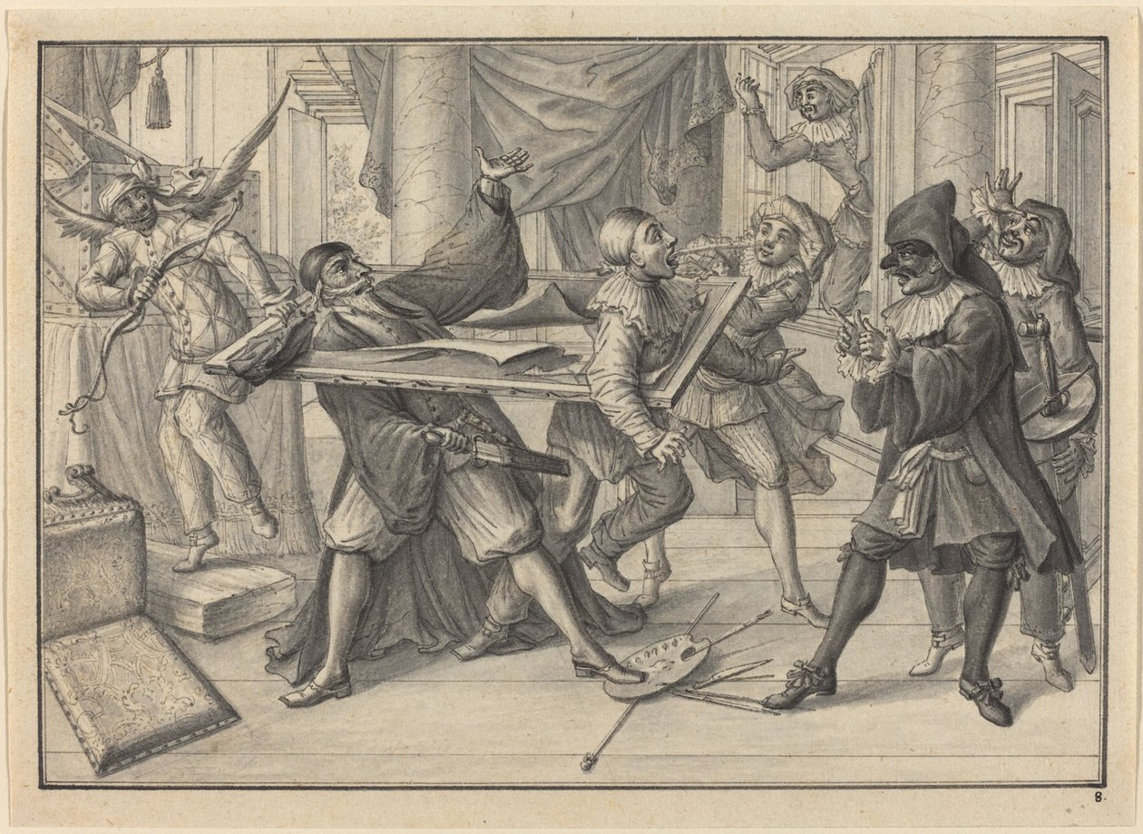 Mezzetin e Harlequin usam o porta-retrato para pegar Pantaloon e Pierrot de Johann Jacob Schubler