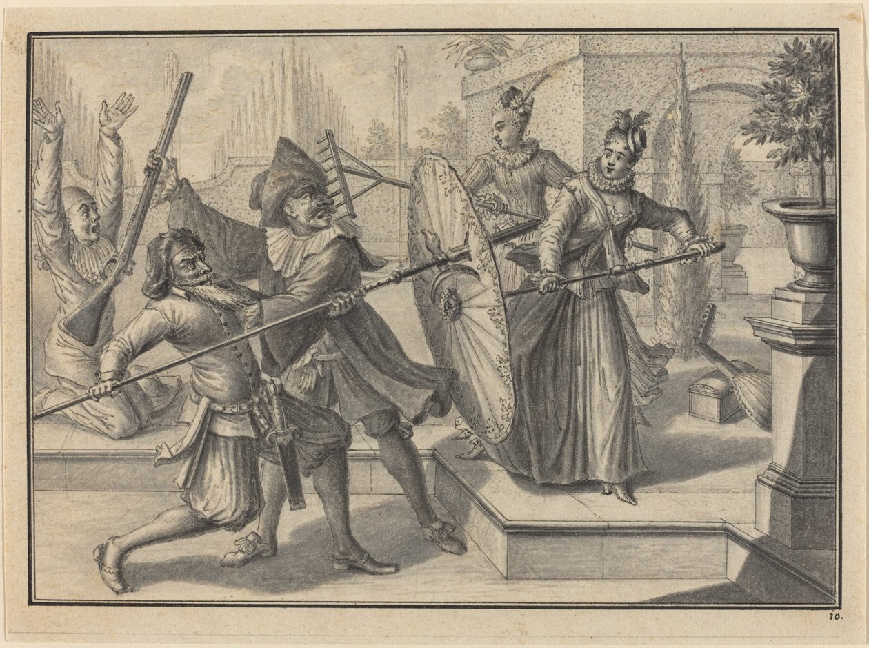 Pantaloon e o Doutor Brigando com Columbine e Brigatella no Jardim de Johann Jacob Schubler