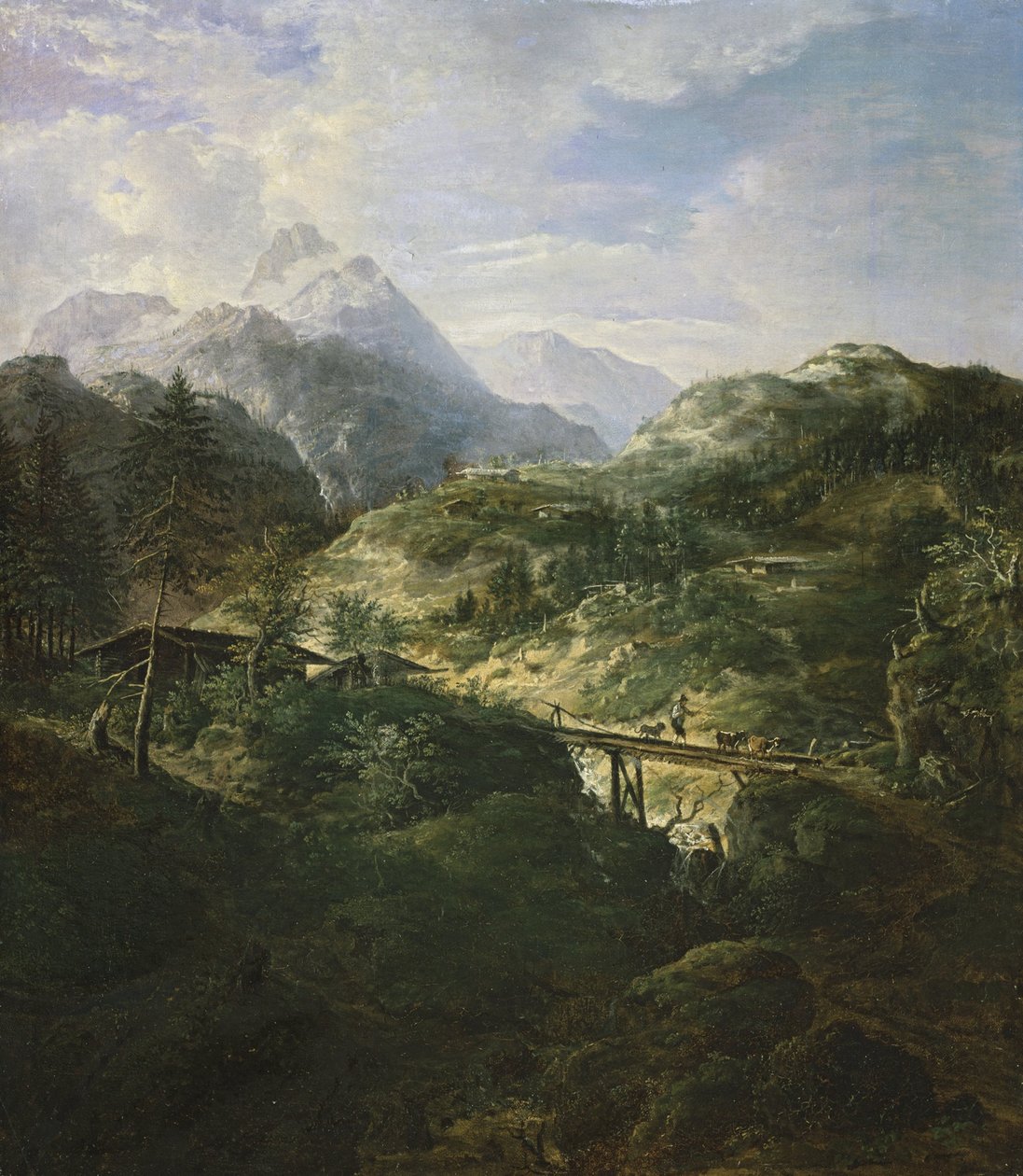 Paisagem de montanha com uma ponte de Johann Jakob Dorner der Jüngere