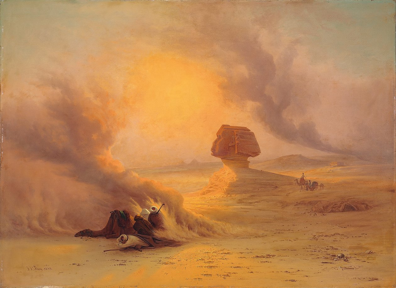 Uma caravana apanhada pelo vento de Sinum, perto de Gizé de Johann Jakob Frey