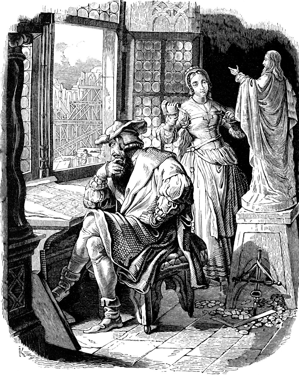 Arquiteto Erwin von Steinbach com sua filha Sabina Ilustração da história do povo alemão por E. Duller, 1840 de Johann Jakob Kirchhoff