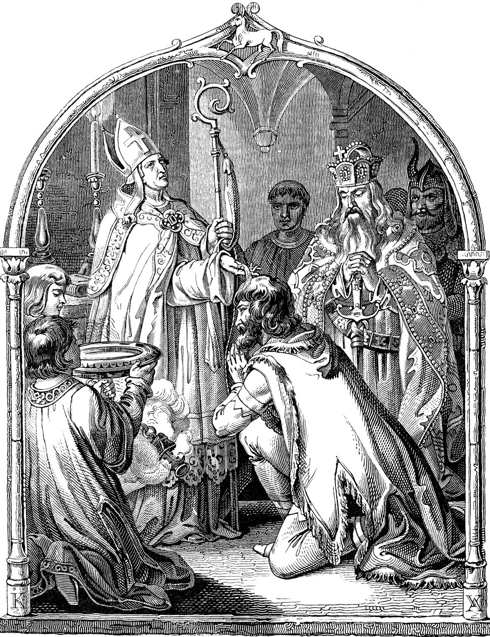 Batismo do líder saxão Widukind Ilustração da história do povo alemão por E. Duller, 1840 de Johann Jakob Kirchhoff