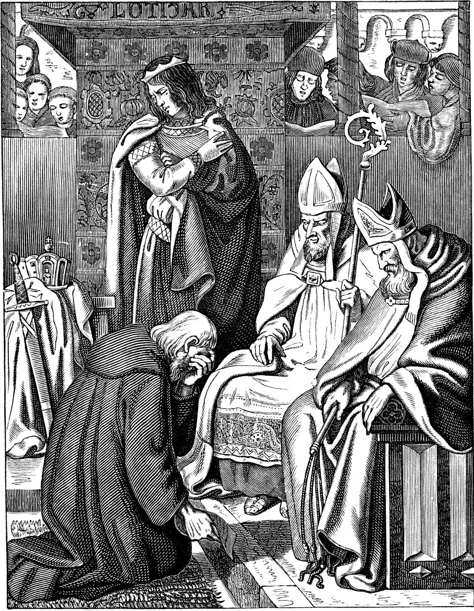 Luís, o Pio, fazendo penitência em Attigny, em 822 Ilustração da história do povo alemão de E. Duller, 1840 de Johann Jakob Kirchhoff
