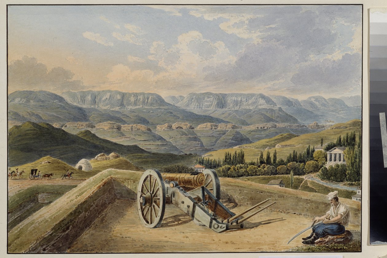 Fortaleza de Kislovodsk (Norte do Cáucaso). Bateria nas montanhas. A Fortaleza de Kislovodsk. Bateria nas montanhas. Obra de Johann Jakob Meier (1787-1858), aguarela sobre papel, por volta de 1843. Arte alemã do século XIX. State A. Pushkin Museum of Fine de Johann Jakob Meyer