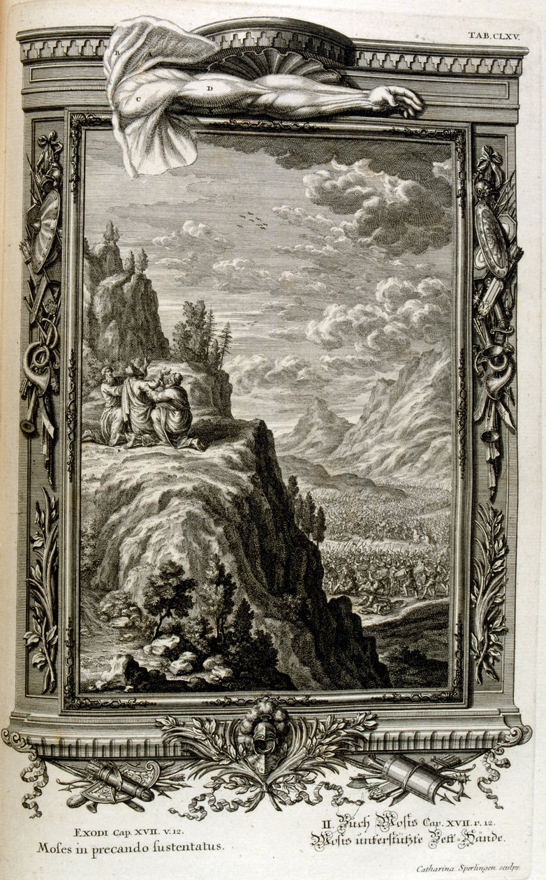 Arão e Hur apoiam a mão de Moisés no Sinai, quando os israelitas fugiram para o Sinai, Êxodo do Egipto de Johann Jakob Scheuchzer