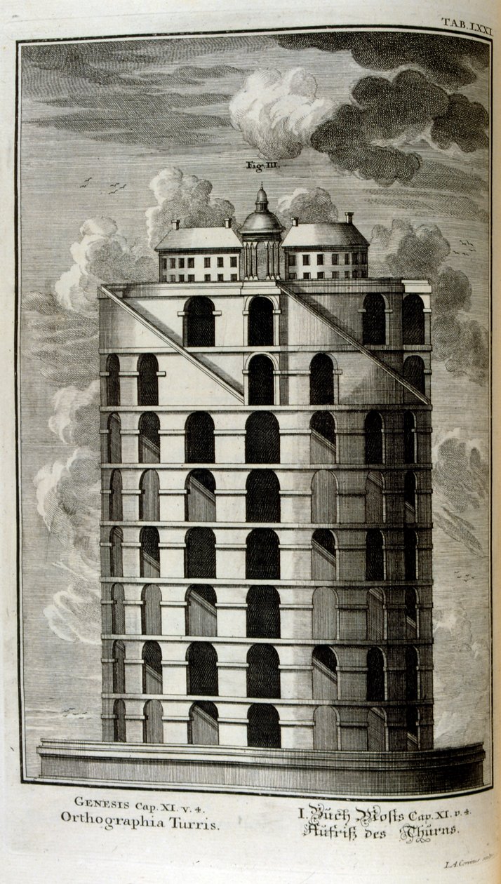 Plano da Torre de Babel visto de lado de Johann Jakob Scheuchzer