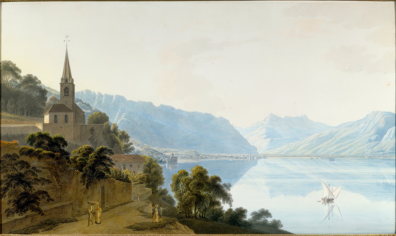 A igreja de Les Planches, Chillon, Villeneuve e os Dents du Midi de Johann Jakob Wetzel