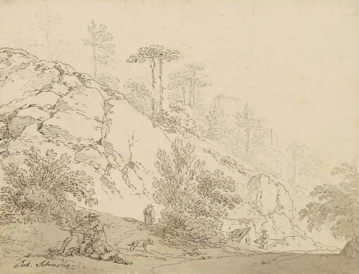 Agricultores descansando em terreno rochoso, castelo de fundo de Johann Josef Schindler