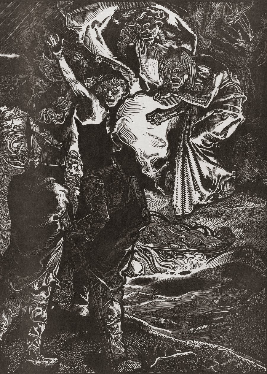 Macbeth e Banquo conhecem as três bruxas, século XX (gravura) de Johann Joseph Aarts