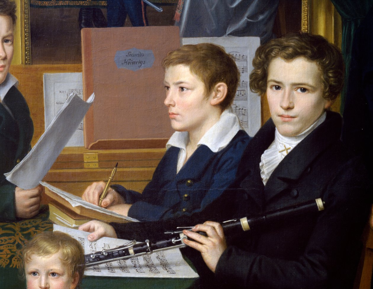 Rapaz com flauta, detalhe de Os filhos do calígrafo Heinrings de Johann Kaspar Benedict Beckenkamp