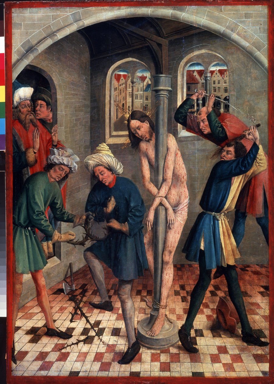 A flagelação de Cristo. Homens fazendo a coroa de espinhos enquanto outros chicoteiam Jesus preso à coluna, com chicotes diferentes. Pintura de Johann Koerbecke (entre 1415 e 1491), anterior a 1457. Têmpera sobre madeira. arte alemã de Johann Koerbecke