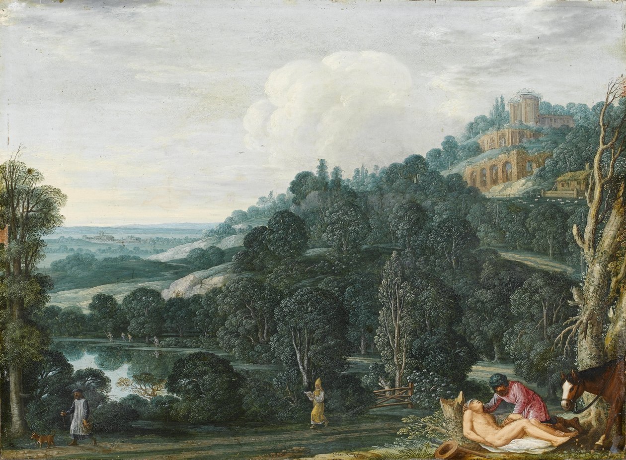 Uma paisagem extensa com O Bom Samaritano de Johann König