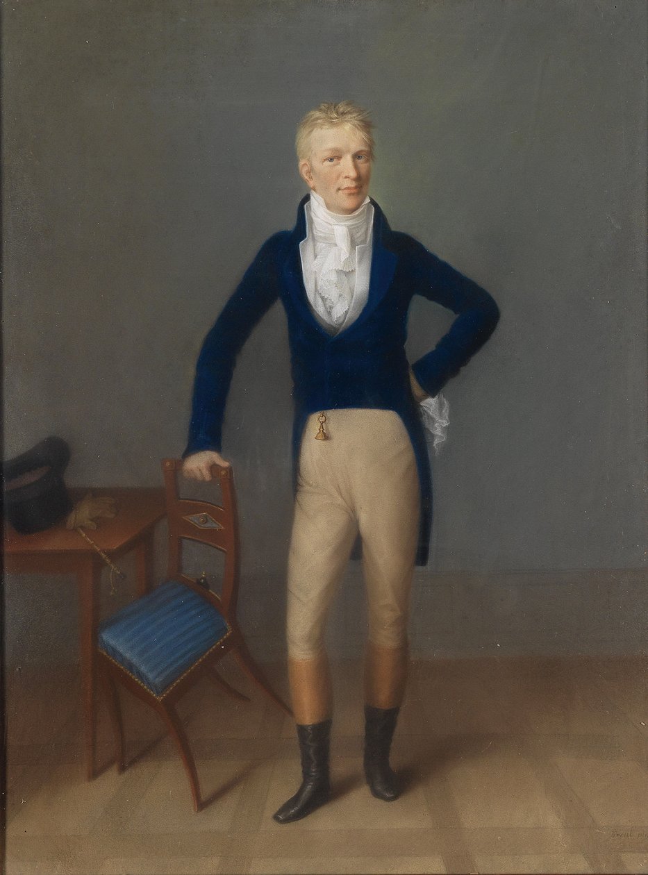 Retrato de corpo inteiro de um cavalheiro louro em traje de equitação, encostado nas costas de uma cadeira de Johann Lorenz Kreul