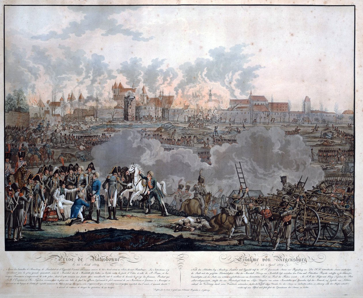 A Batalha de Ratisbon em 23 de Abril de 1809 (bataille de Ratisbonne ou Regensburg) - Rugendas, Johann Lorenz, o Jovem (1775-1826) - 1809 - Aquatint - 54,6x65,4 - Colecção Privada de Johann Lorenz Rugendas