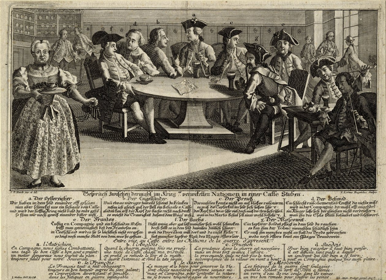 Conversa entre 7 nações envolvidas na guerra em um café, 1757 de Johann Lorenz Rugendas the Elder