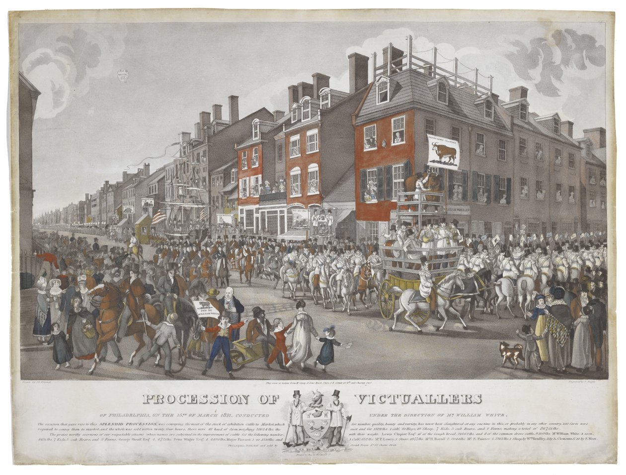 Procissão dos Victuallers of Philadelphia, em 15 de Março de 1821, c. 1821-1822 (gravura com tinta aquática e coloração à mão sobre papel) de Johann Ludwig  Krimmel