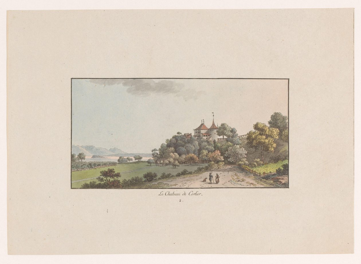 Gezicht op het Chateau de Cerlier te Erlach
Le Chateau de Cerlier (título sobre o objecto)
Gezichten op Zwitserland (título da série)
Colecção de alguns pontos de vista retirados da natureza na Suíça (título da série) de Johann Ludwig Aberli