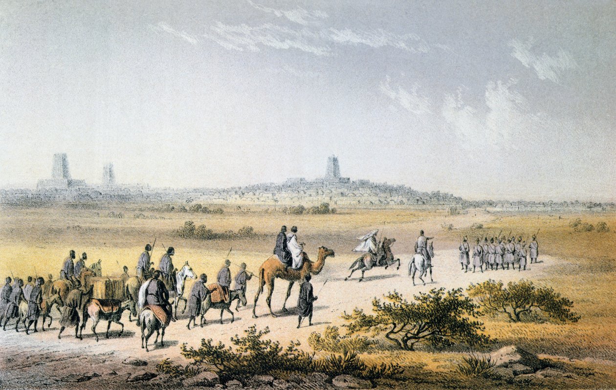 Entrada da Caravana de Heinrich Barth (1821-65) em Timbuktu em 1853, de "Viagens e Descobertas na África do Norte e Central" por Barth, gravado por Eberhard Emminger (1808-1885) publicado em 1857 (colou de Johann Martin Bernatz