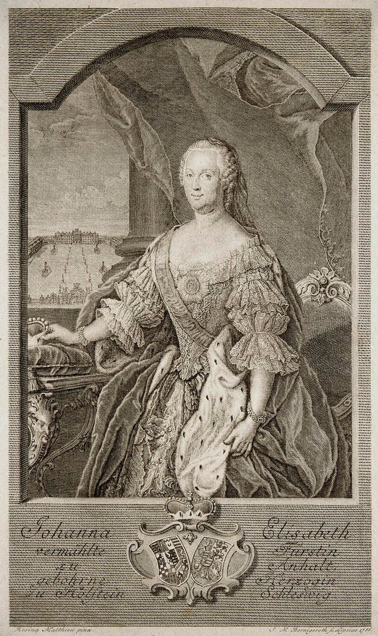 Retrato de Johanna-Elizabeth, Electress of Anhalt-Zerbst 1712-1760, Mãe de Catarina II, 1756. de Johann Martin Bernigeroth