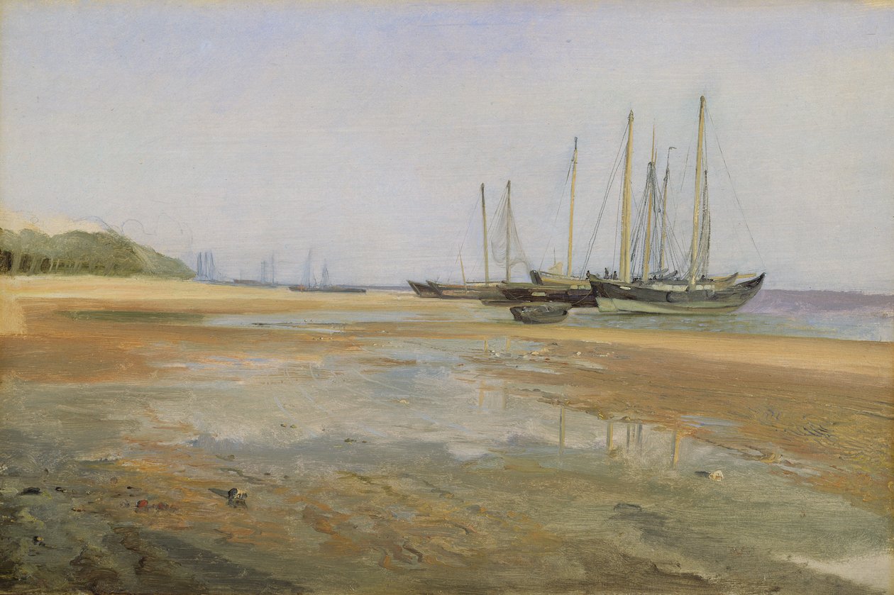 Navios de carga nas areias do Elba, 184045 (óleo sobre papel montado no cartão) de Johann Martin Gensler