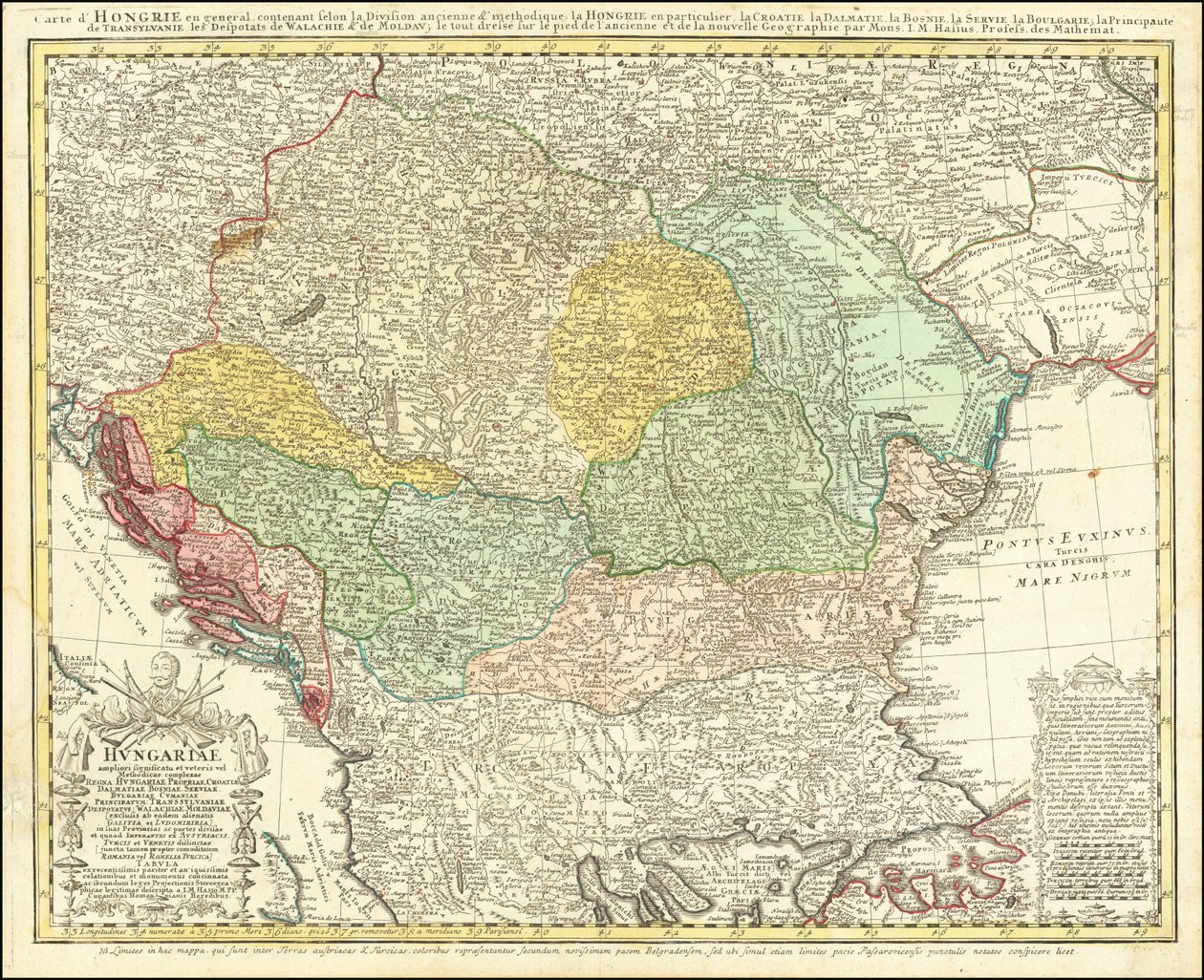 Mapa de 1744 da península dos Balcãs centrado no Reino da Hungria por Johann Matthias Hase de Johann Matthias Hase