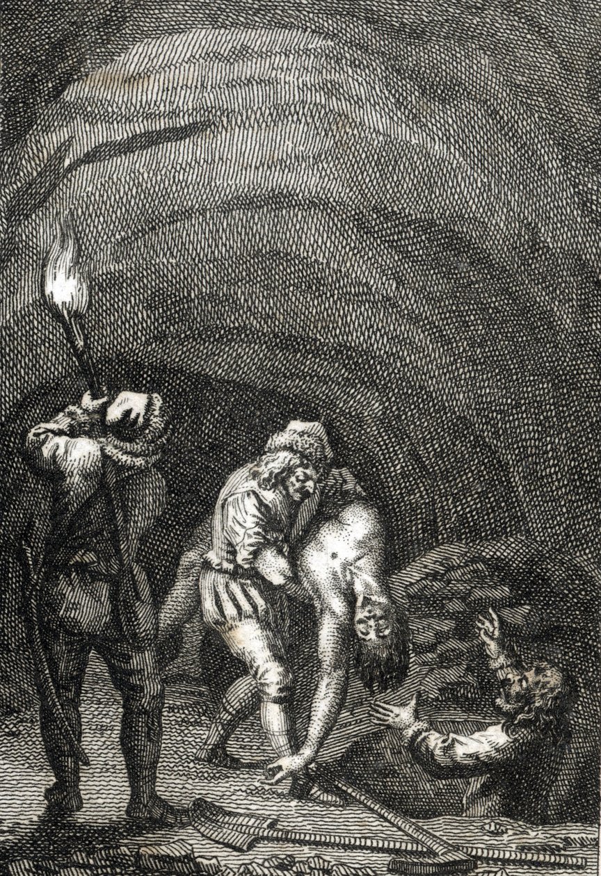Morte de Guilherme II da Holanda morto pelos frísios, que o enterraram secretamente debaixo do chão de uma casa Gravura de Johann Michael Mettenleiter (1765-1853) 1800 Colecção privada de Johann Michael Mettenleiter