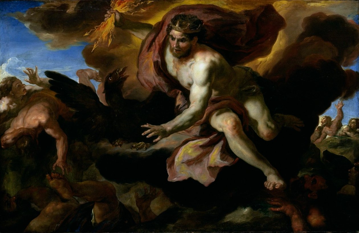 Jove lança seus Thunderbolts nos Gigantes Rebeldes de Johann Michael Rottmayr