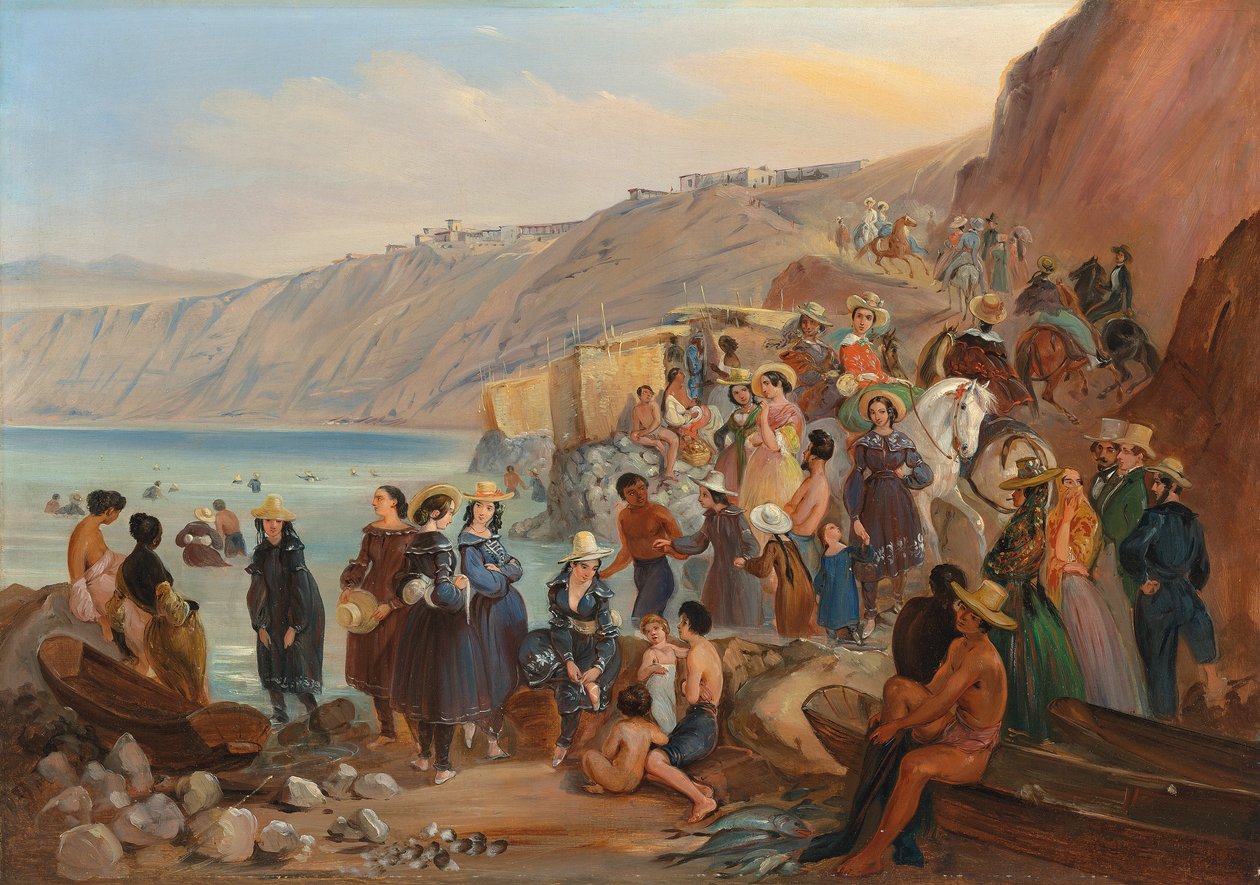 Banhistas na praia de Chorillos, Miraflores, Lima de Johann Moritz Rugendas